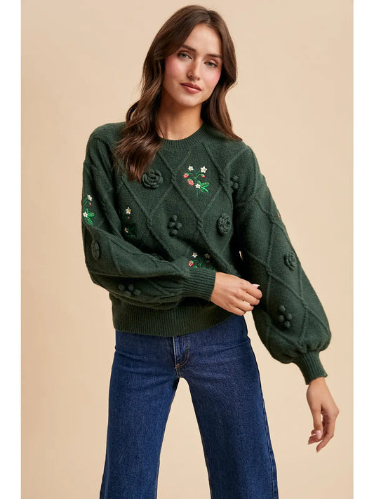 Embroidered Cable Pullover Sweater