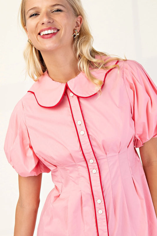 Alicia Puff Sleeve Button Up Mini Dress with Scalloped Collar and Piping Details