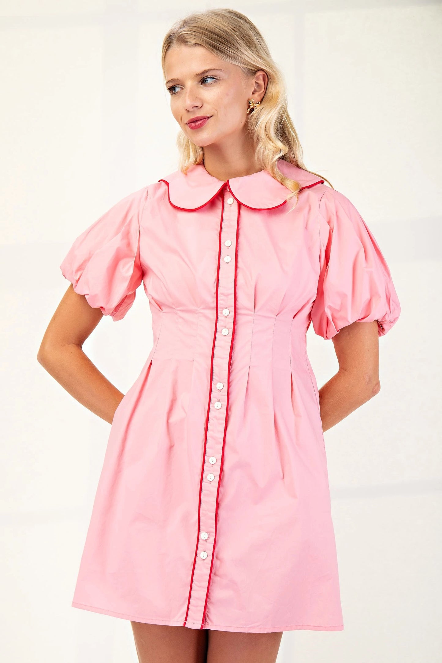 Alicia Puff Sleeve Button Up Mini Dress with Scalloped Collar and Piping Details