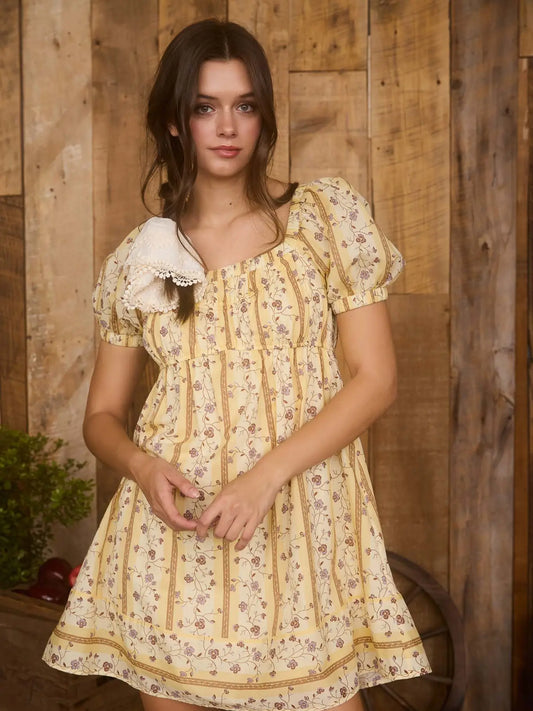 Age of Adeline Floral Stripe Pattern Short Puff Sleeve Mini Dress