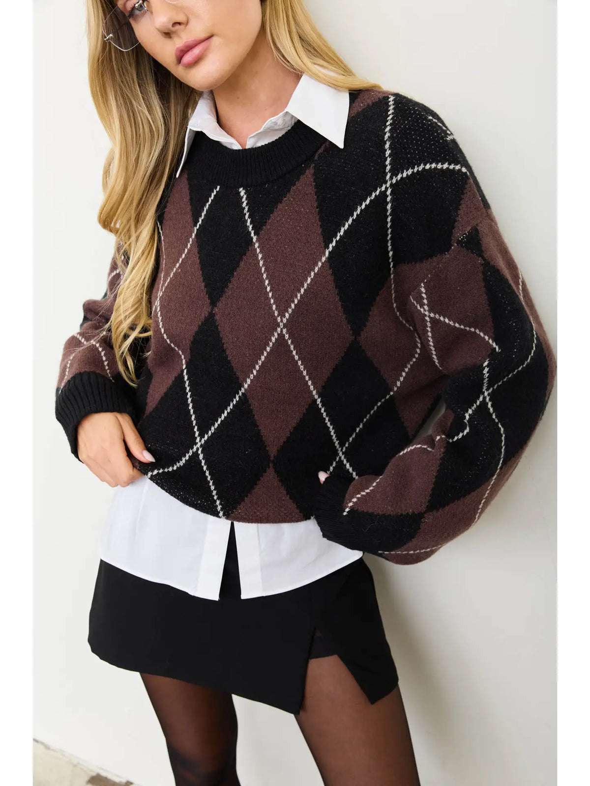 Oversized Argyle Crew Neck Knit Pullover