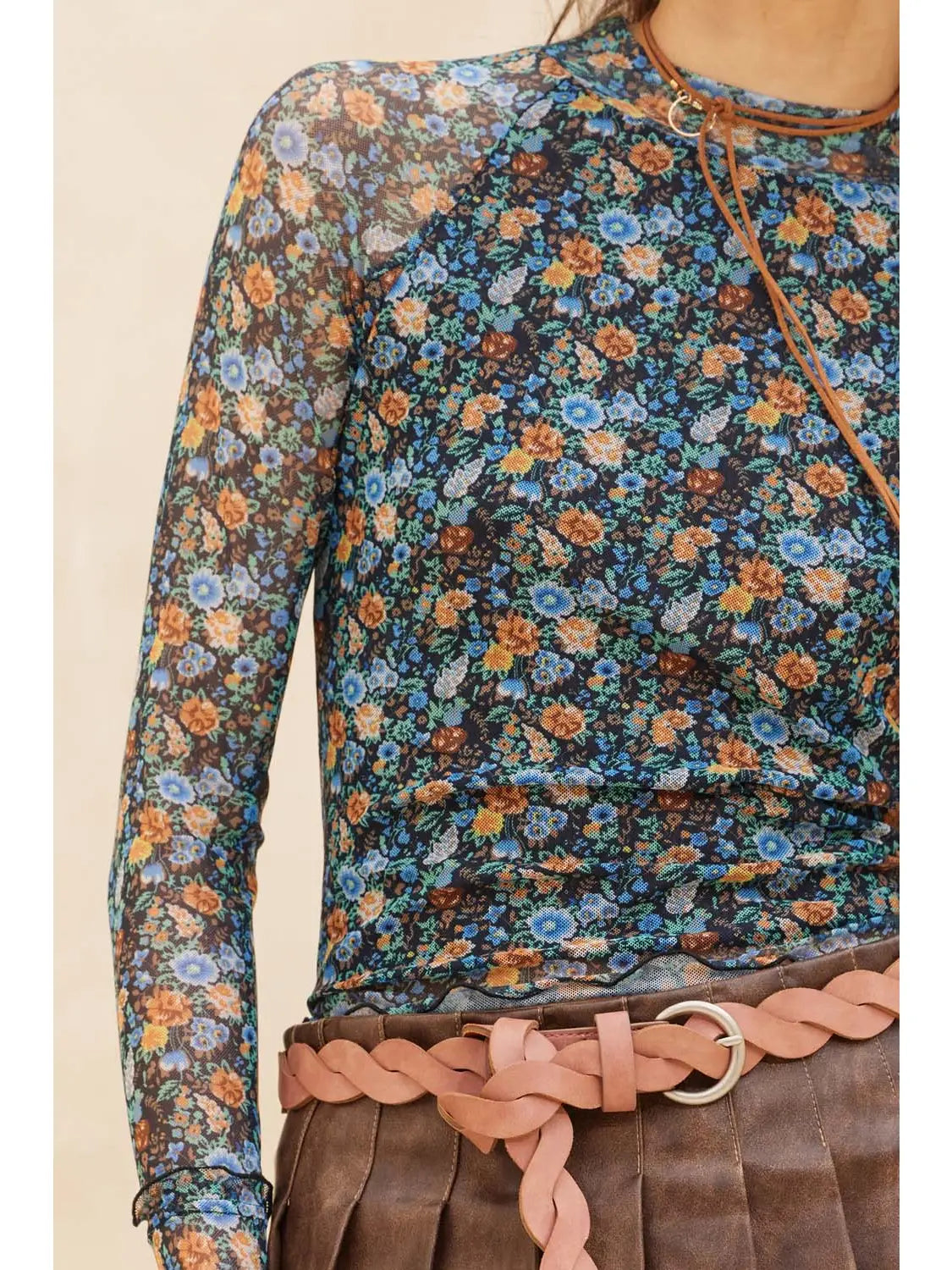 Ashlee Floral Mesh Mock-Neck Raglan-Sleeve Thumbhole Top