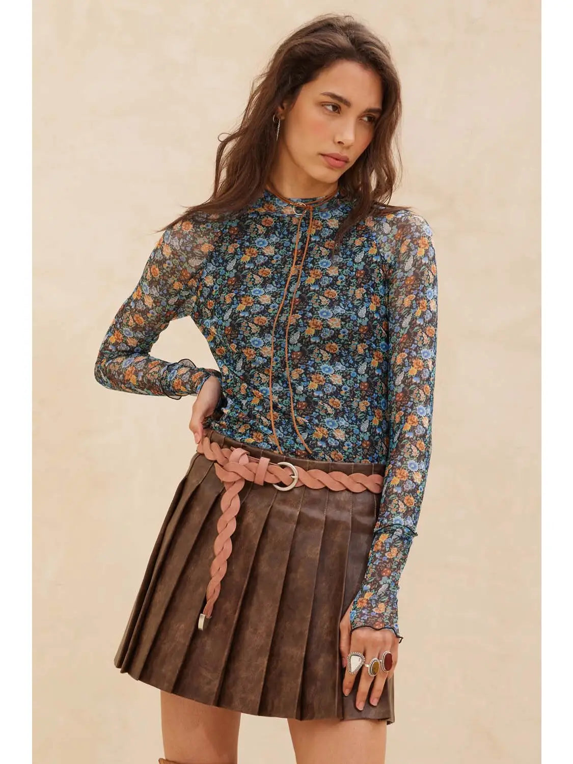 Ashlee Floral Mesh Mock-Neck Raglan-Sleeve Thumbhole Top