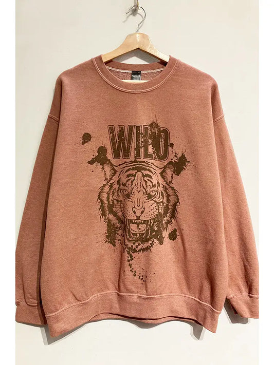 Wild Tiger Graphic Washed Crew-Neck Sweatshirt