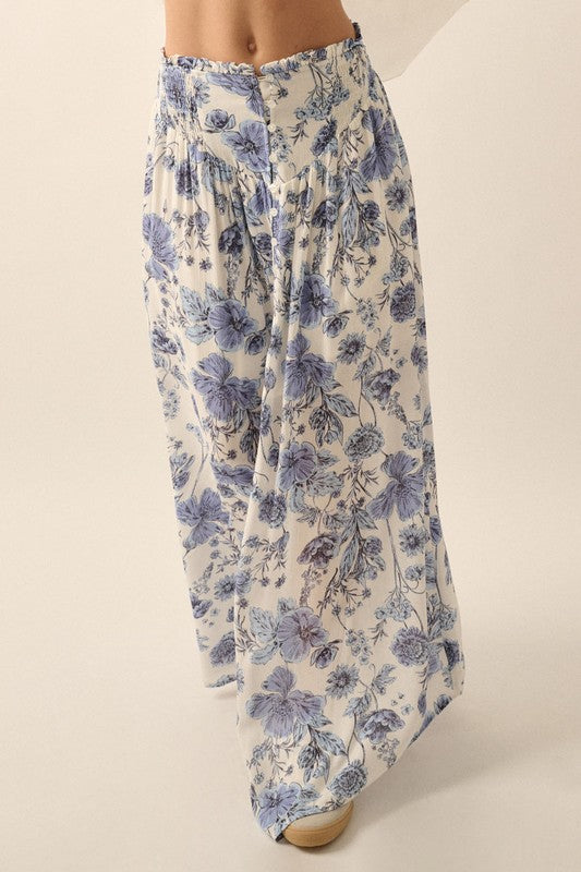 Smocked Floral Crepe Yoke-Waist Maxi Skirt