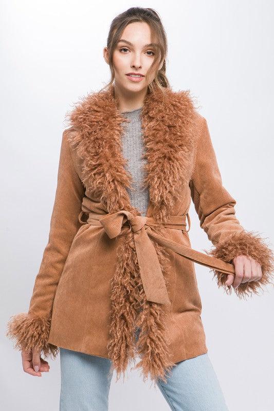 Long Corduroy Coat W/Tie String & Fur Lining