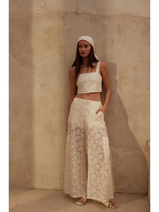 Floral Lace Drawstring Cargo Pants