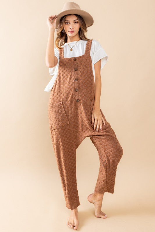 Lana Checkered Knit Button Front Overall Jumpsuit