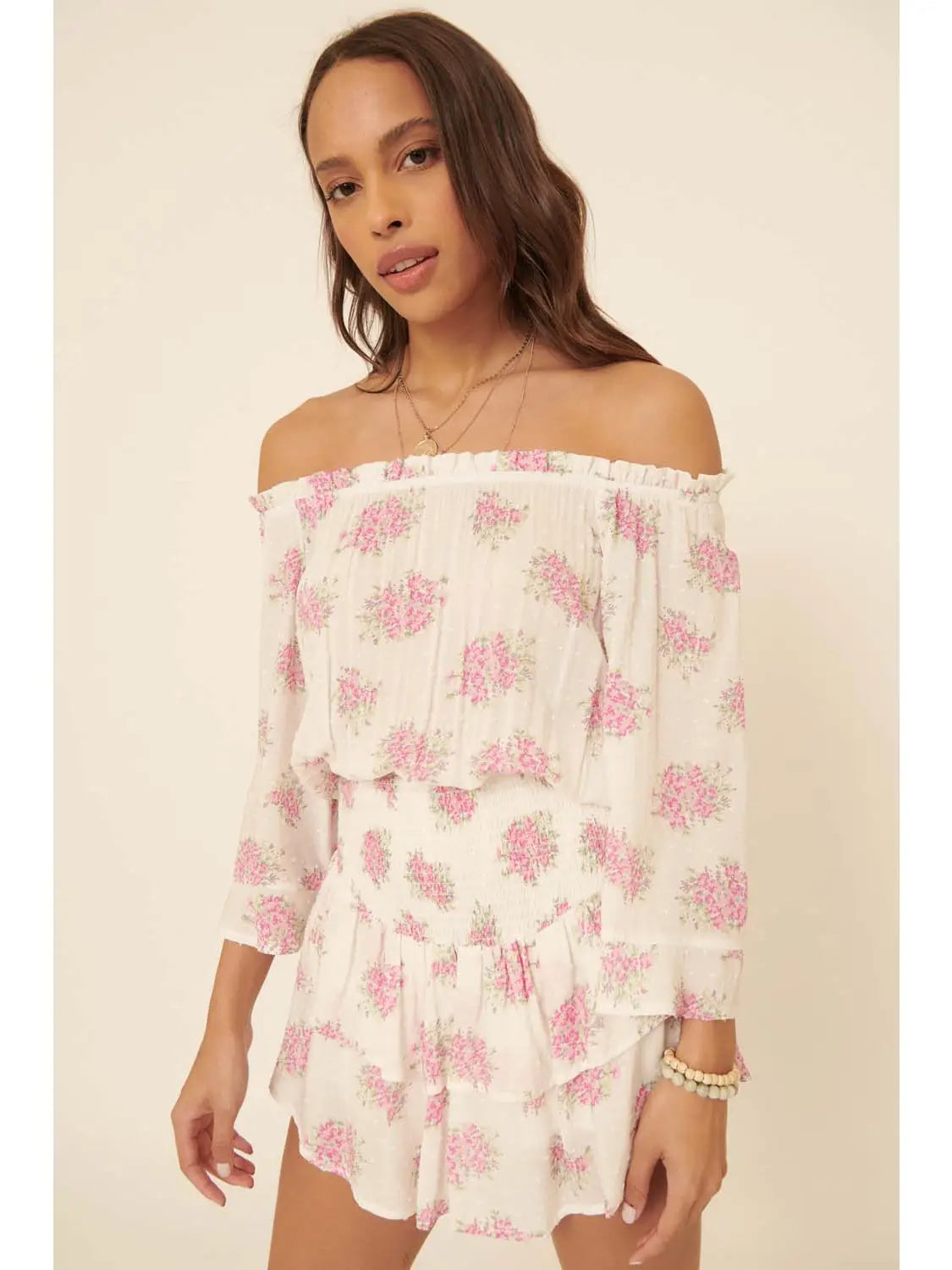 Heidi Floral Swiss Dot Off Shoulder Neck Chiffon Romper
