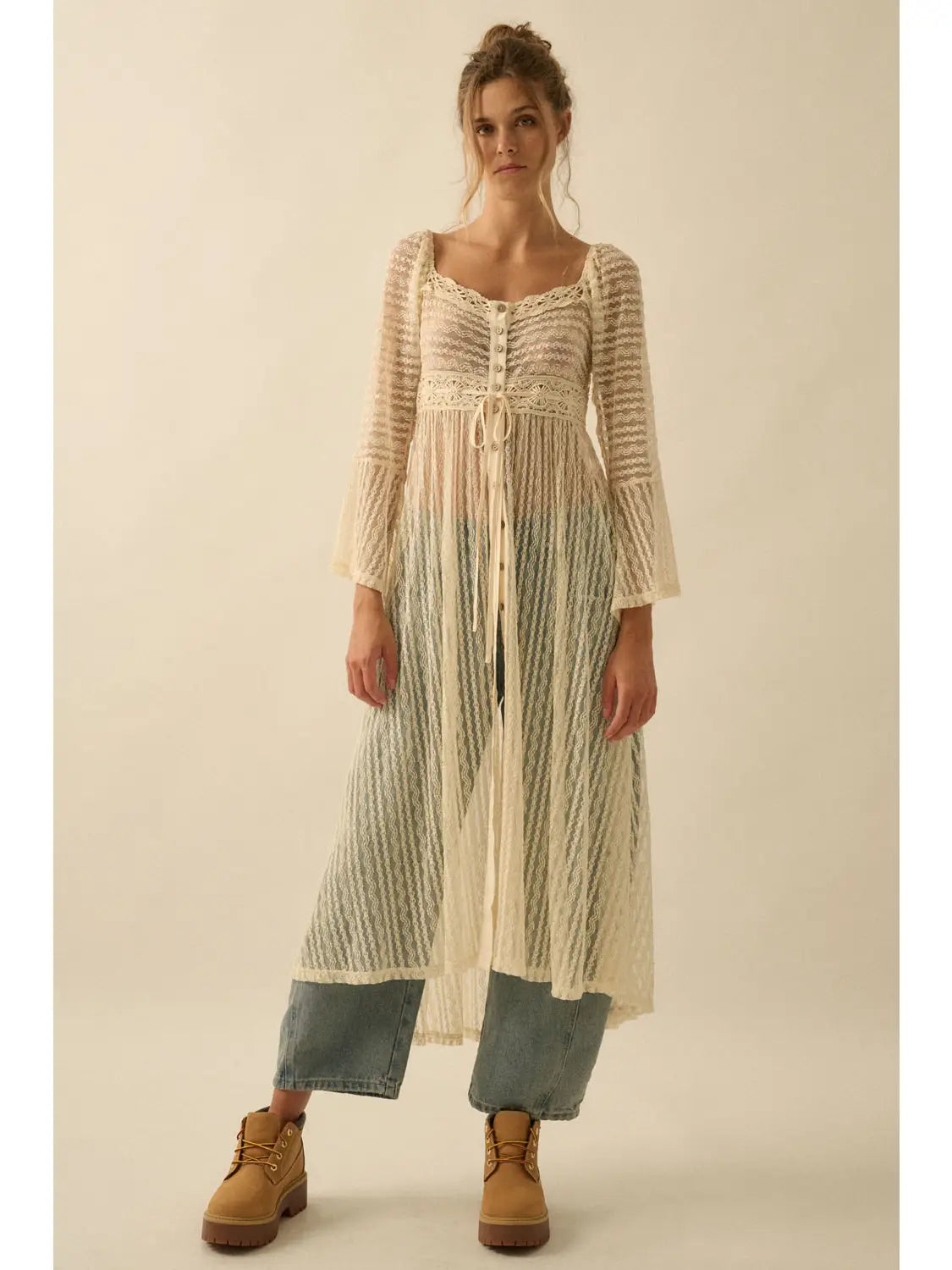 Tay Sheer Striped Lace Button Up Layering Midi