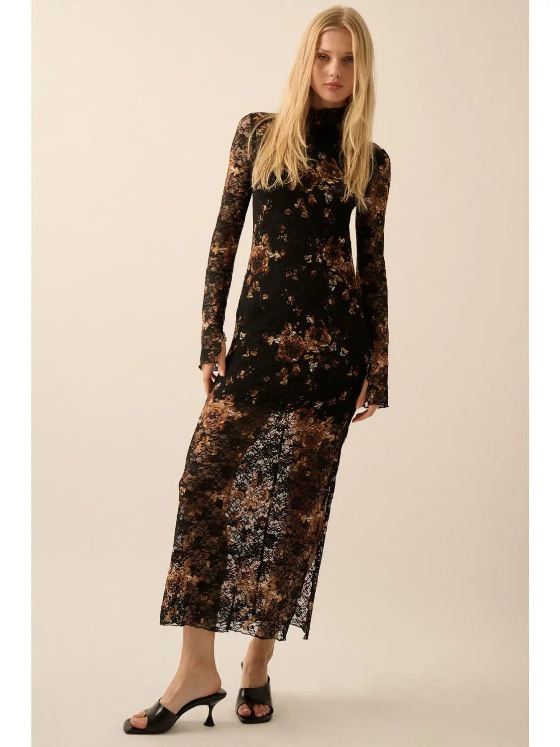 Isobel Floral-Print Lace Mock-Neck Long-Sleeve Midi Dress