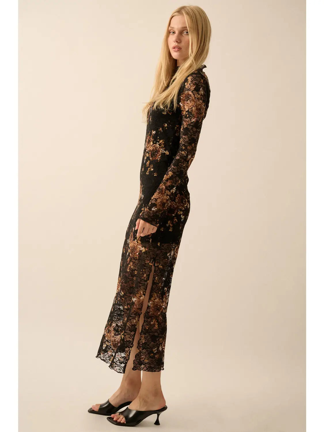 Isobel Floral-Print Lace Mock-Neck Long-Sleeve Midi Dress