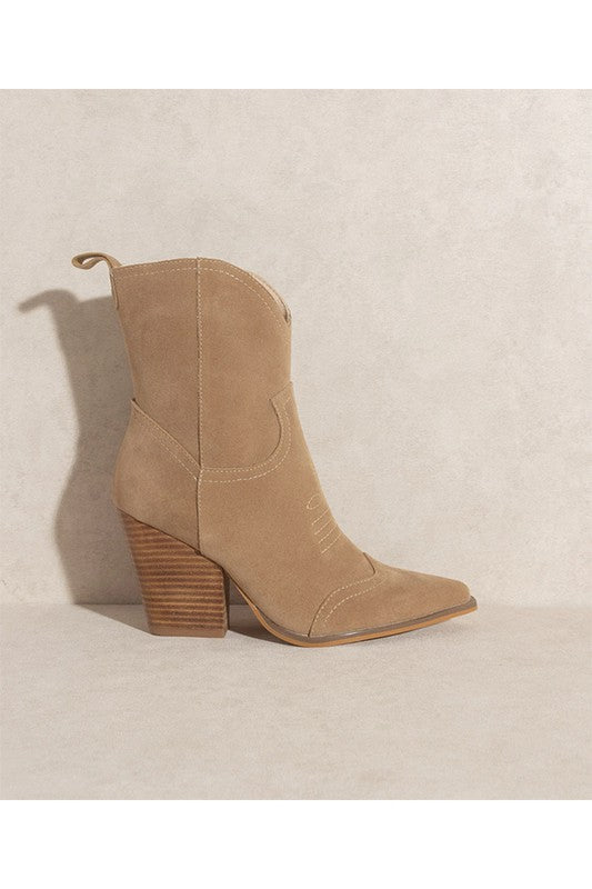 Ariella Khaki Suede Western Mid Rise Bootie