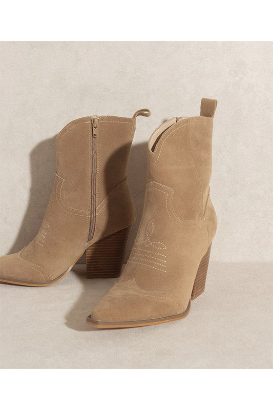 Ariella Khaki Suede Western Mid Rise Bootie