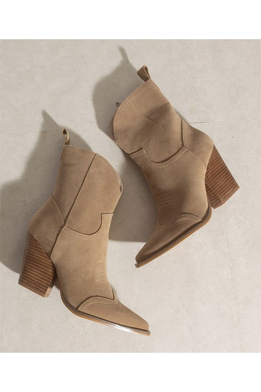 Ariella Khaki Suede Western Mid Rise Bootie