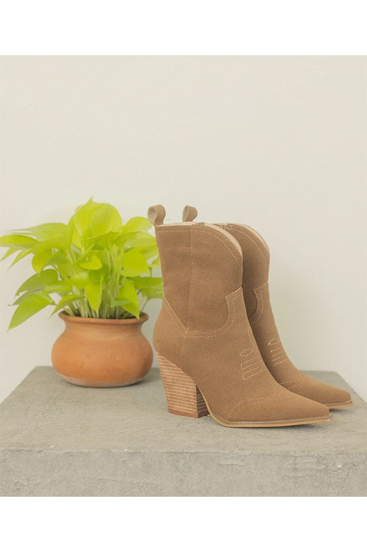 Ariella Khaki Suede Western Mid Rise Bootie