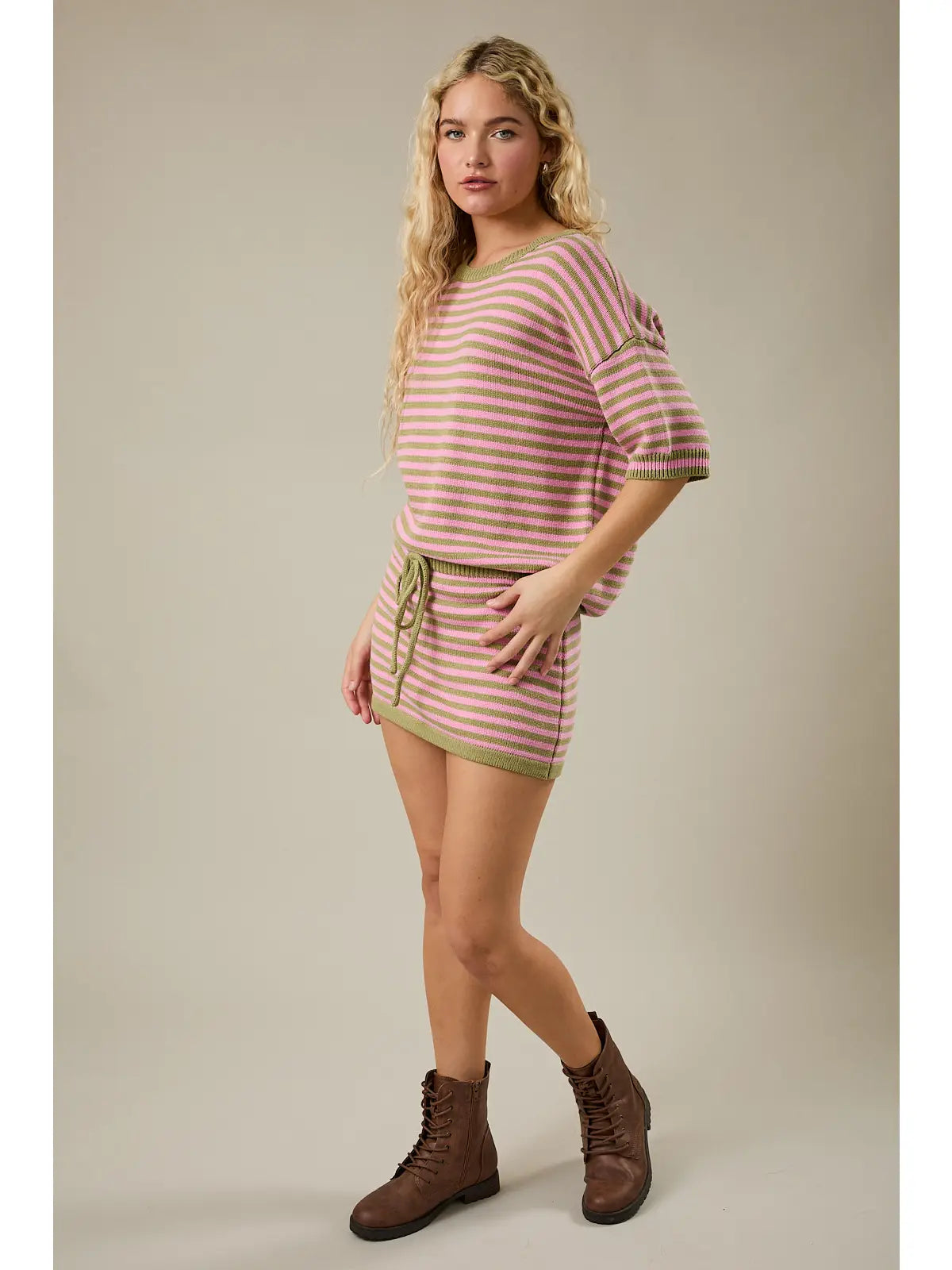 Kiley Short Sleeve Crew Neck Stripe Sweater Top