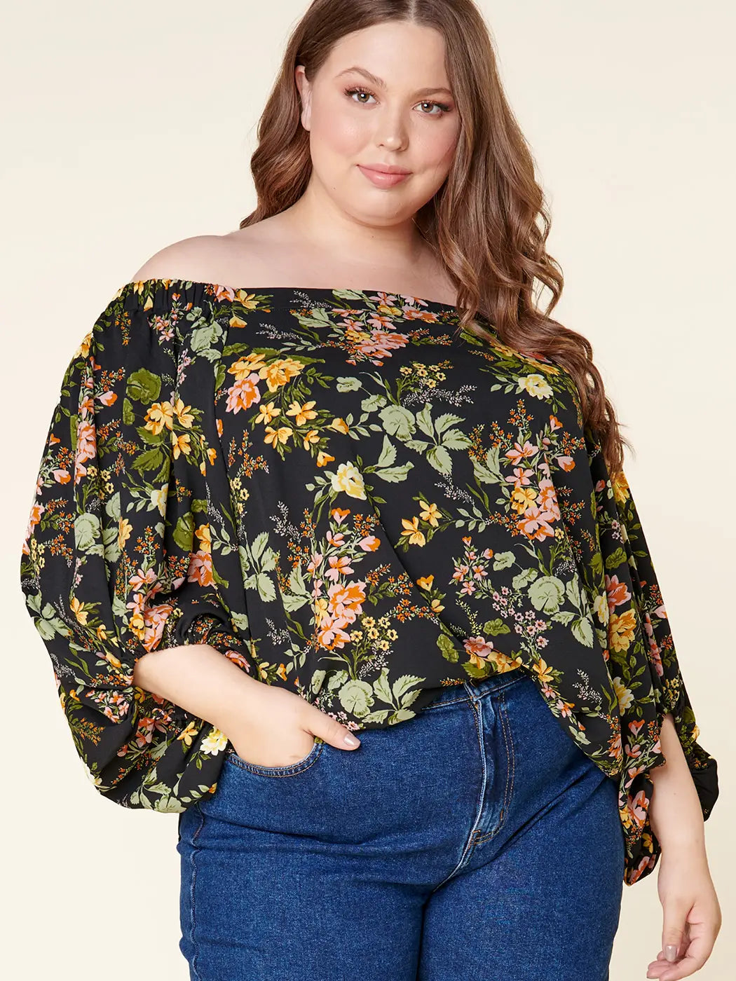 Curvy Night Bloom Off the Shoulder Balloon Sleeve Top
