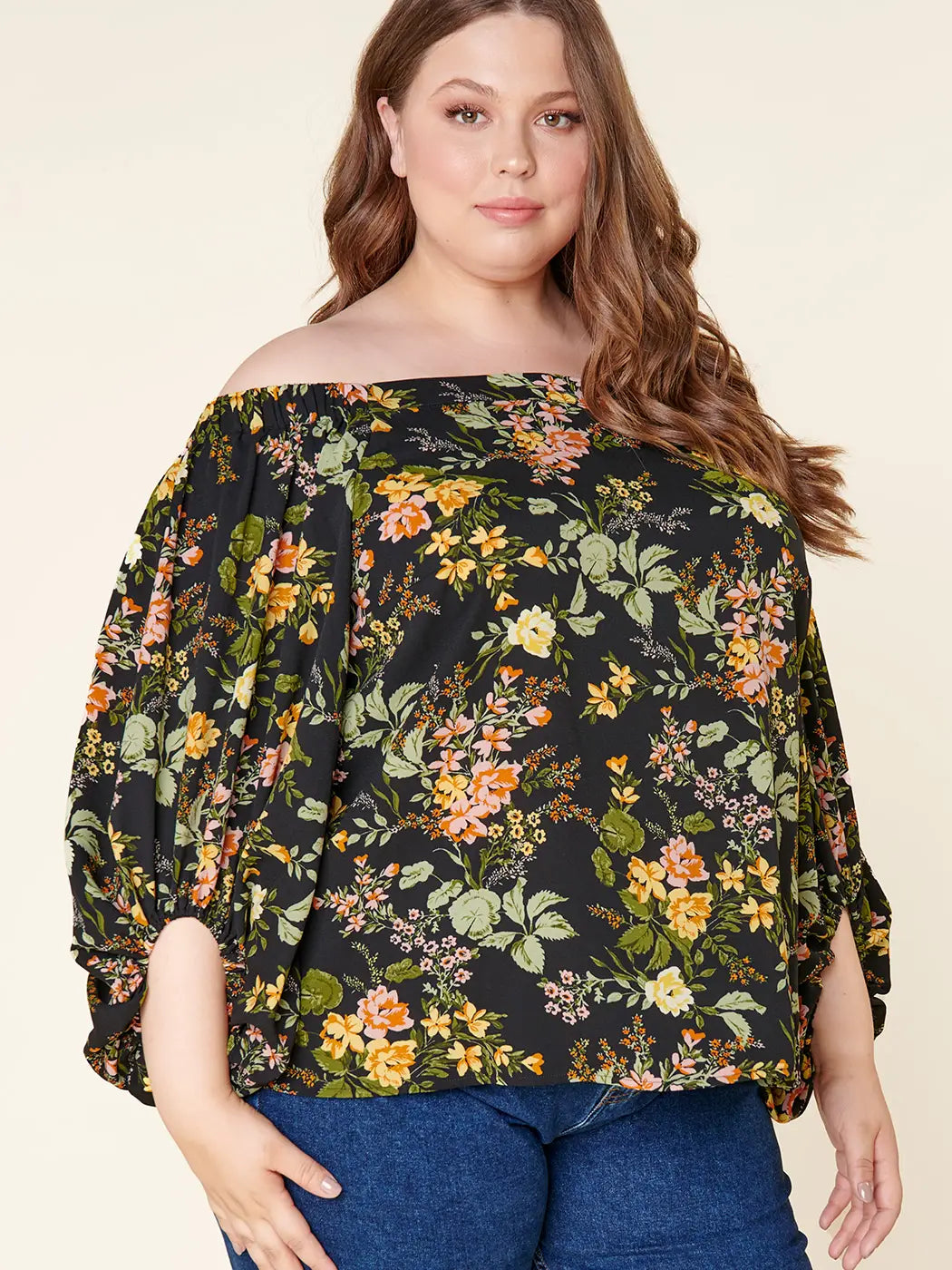 Curvy Night Bloom Off the Shoulder Balloon Sleeve Top