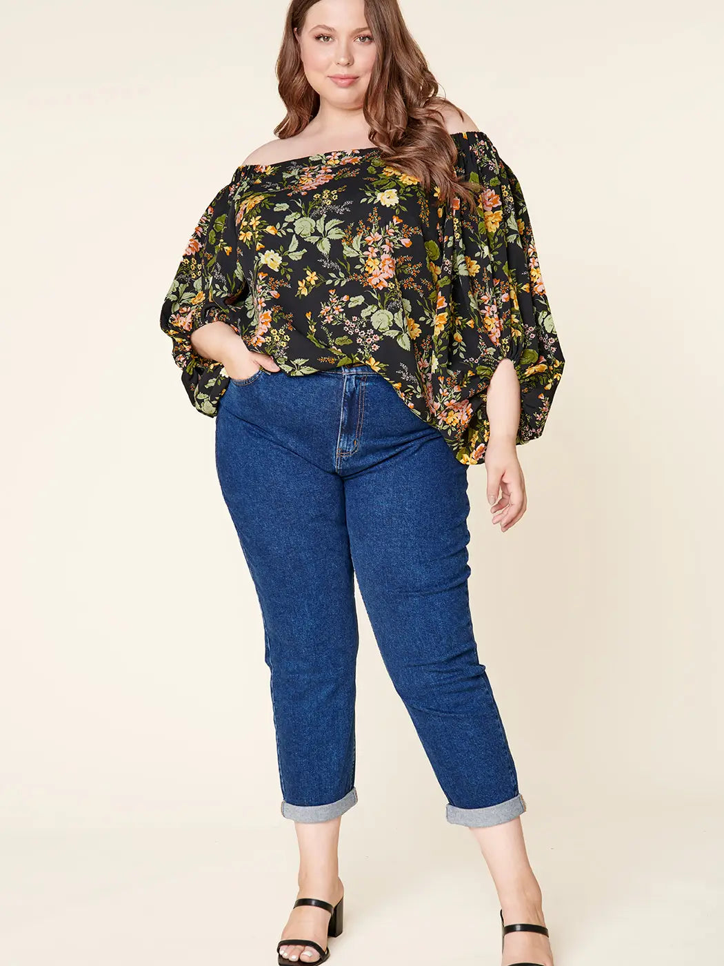 Curvy Night Bloom Off the Shoulder Balloon Sleeve Top
