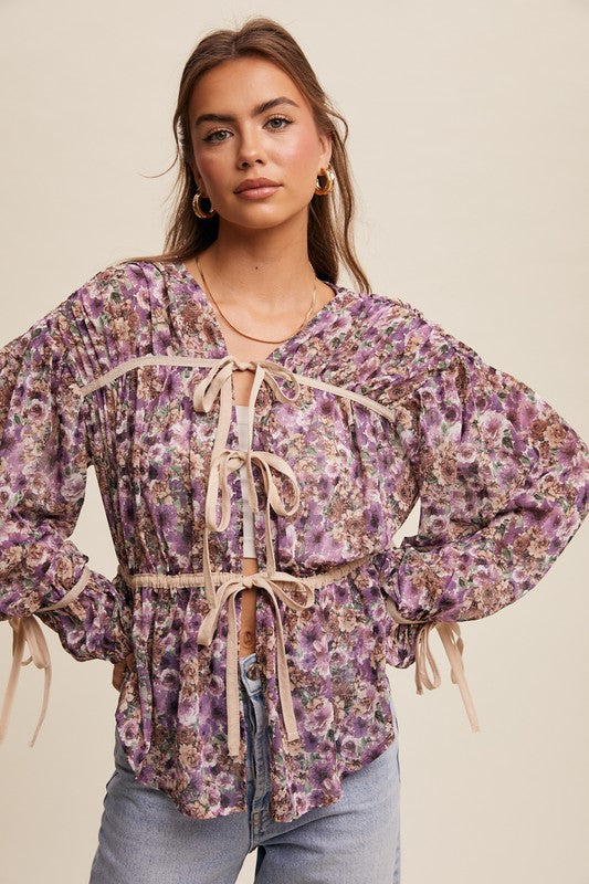 Nikki Floral Print Tie-Front Contrast Long Sleeve Blouse