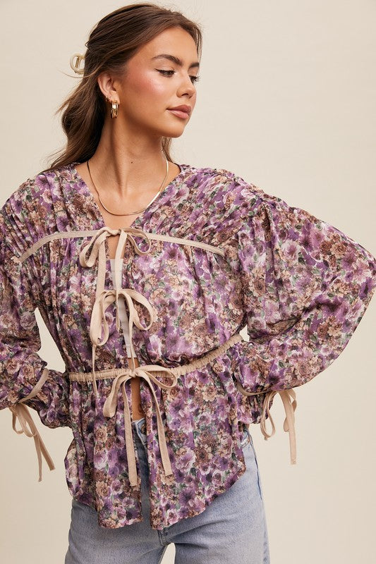 Nikki Floral Print Tie-Front Contrast Long Sleeve Blouse