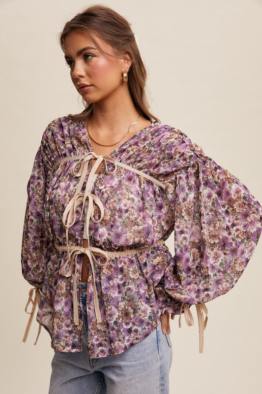 Nikki Floral Print Tie-Front Contrast Long Sleeve Blouse