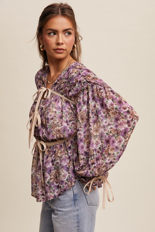 Nikki Floral Print Tie-Front Contrast Long Sleeve Blouse