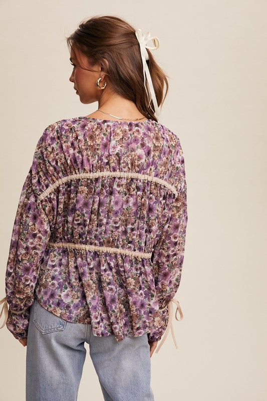 Nikki Floral Print Tie-Front Contrast Long Sleeve Blouse