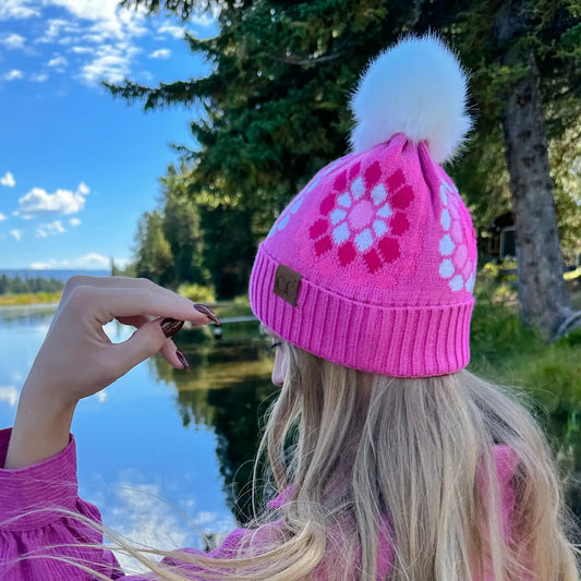 Flower Pattern Pom Beanie
