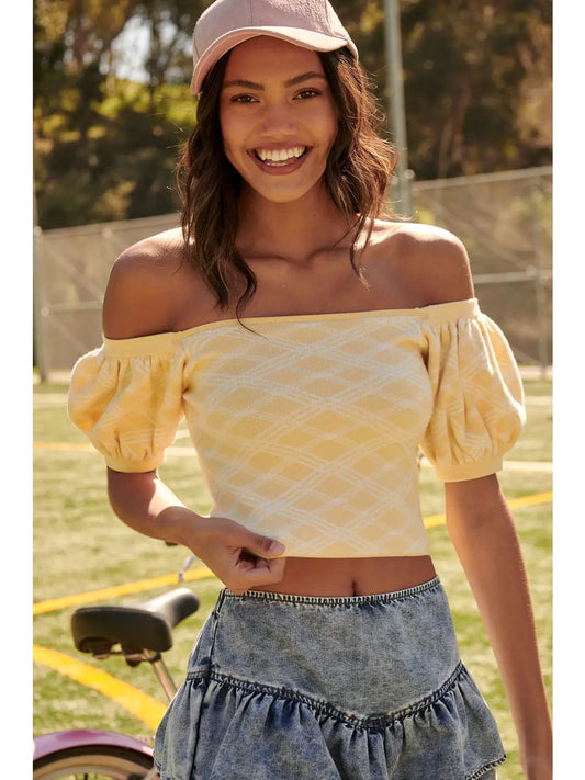 Lavonne Plaid Knit Off Shoulder Puff Sleeve Sweater