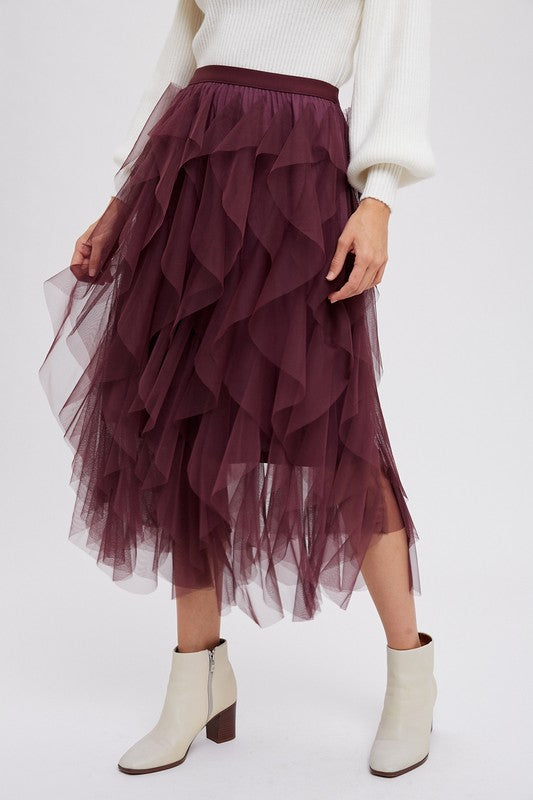 Christie Spiral Ruffled Tulle Midi Skirt