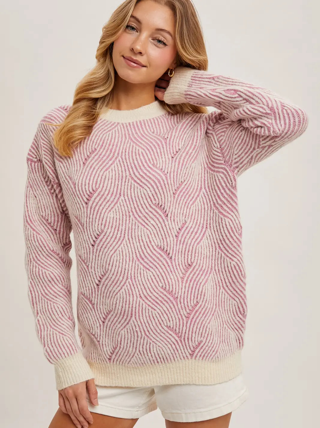 Crew Neck Geo Textured Knit Sweater
