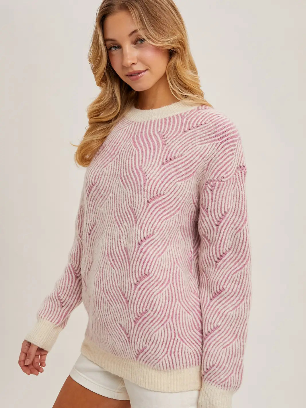 Crew Neck Geo Textured Knit Sweater