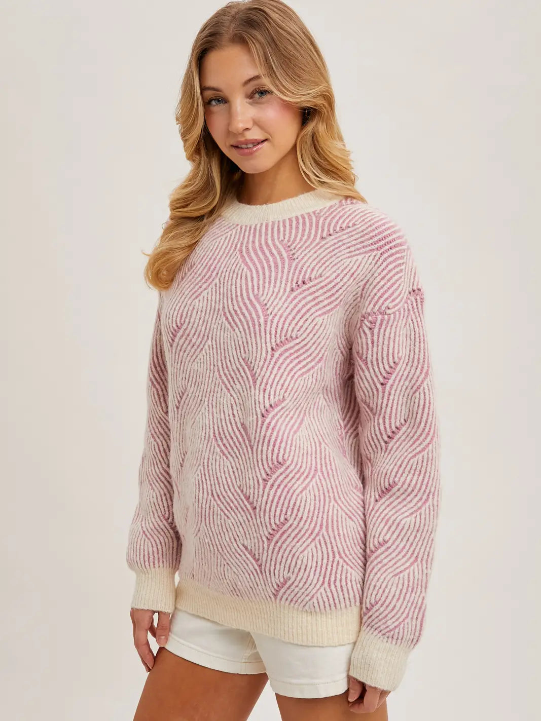 Crew Neck Geo Textured Knit Sweater