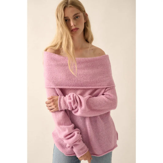 Rachel Lightweight Knit Off-Shoulder Foldover Sweater