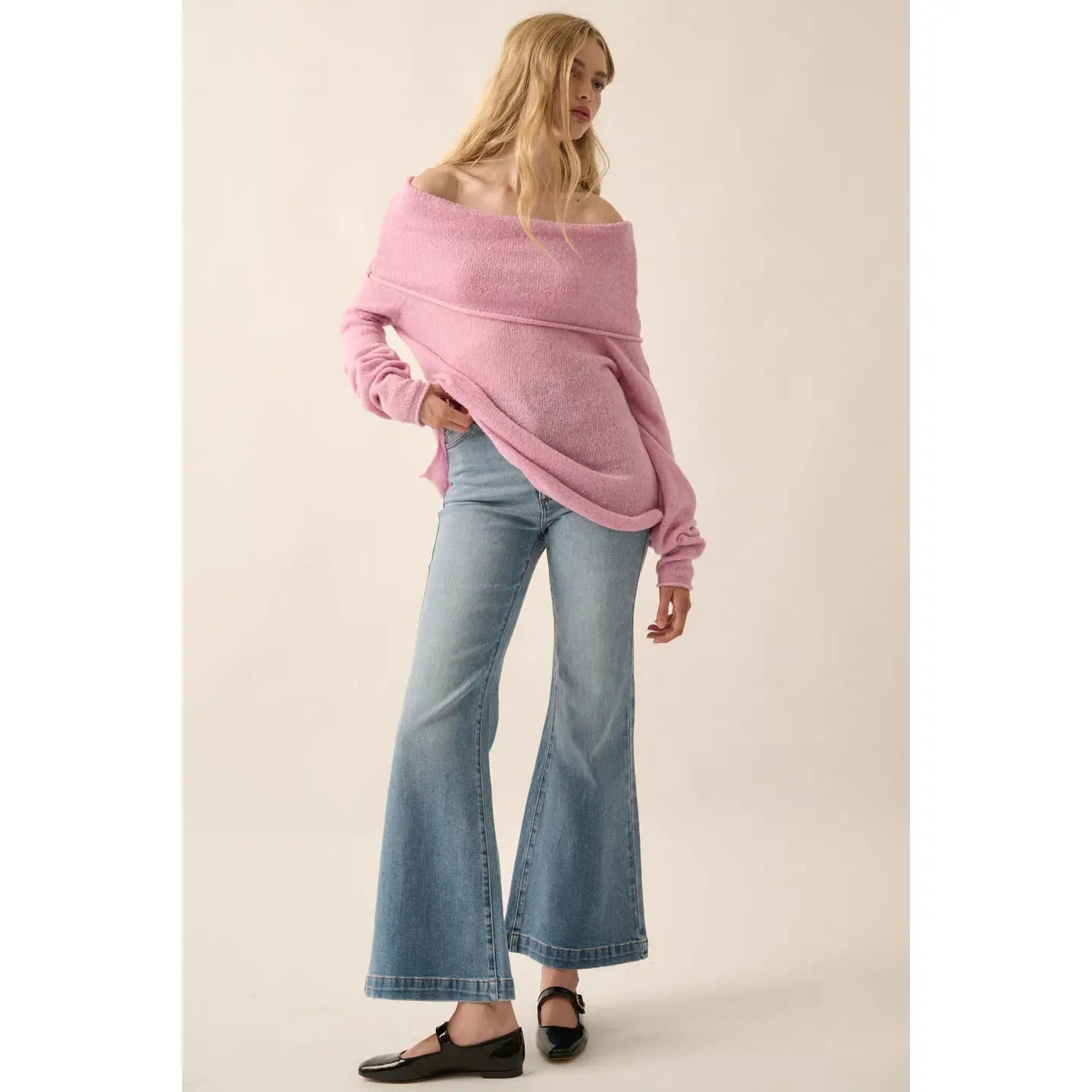 Rachel Lightweight Knit Off-Shoulder Foldover Sweater