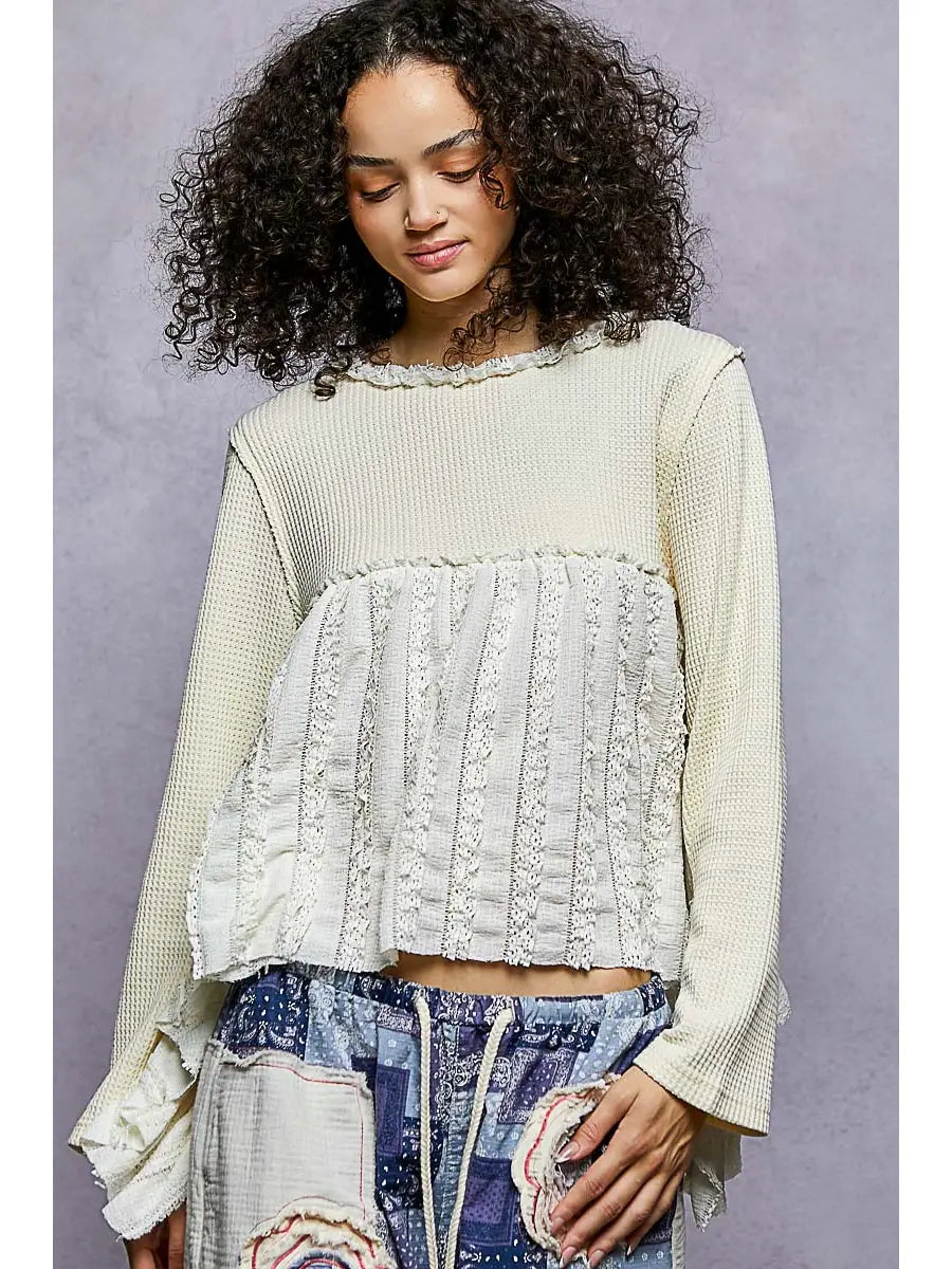 Resa Round Neck Long Sleeve with Lace Ruffle Raw Edge Knit Top