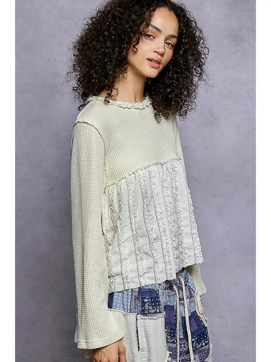 Resa Round Neck Long Sleeve with Lace Ruffle Raw Edge Knit Top