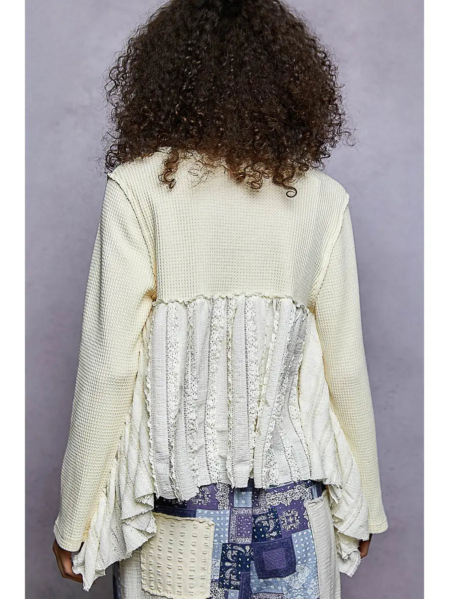Resa Round Neck Long Sleeve with Lace Ruffle Raw Edge Knit Top