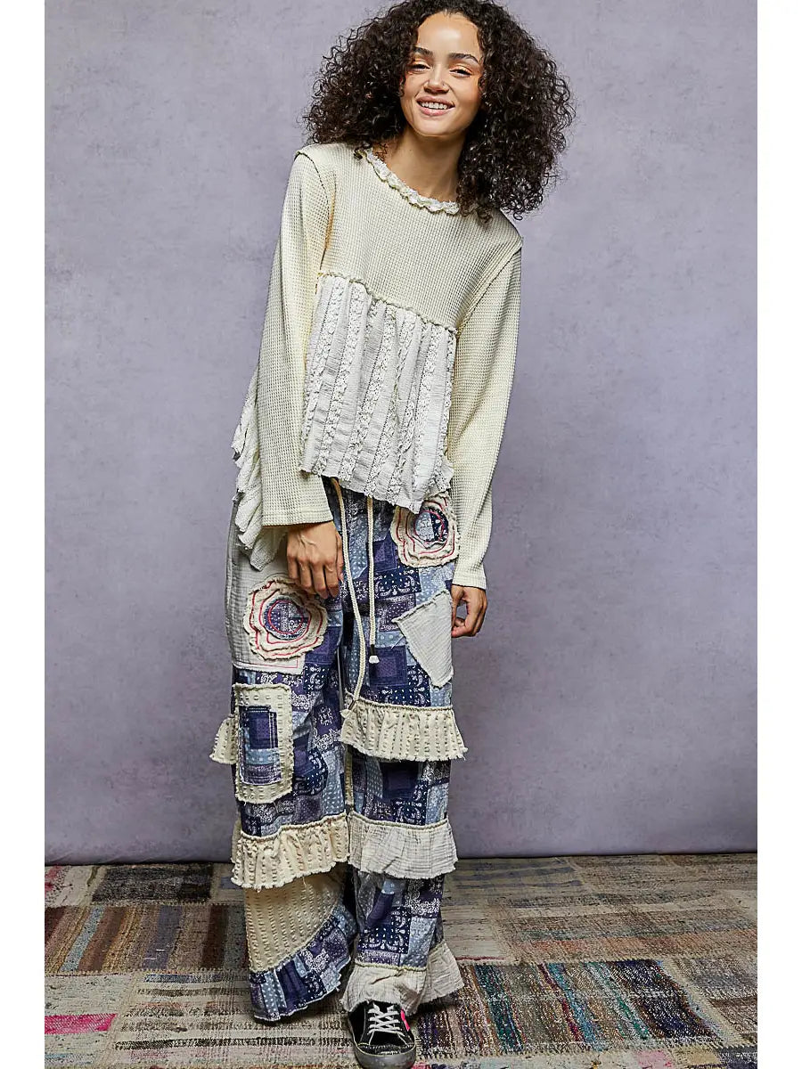 Resa Round Neck Long Sleeve with Lace Ruffle Raw Edge Knit Top