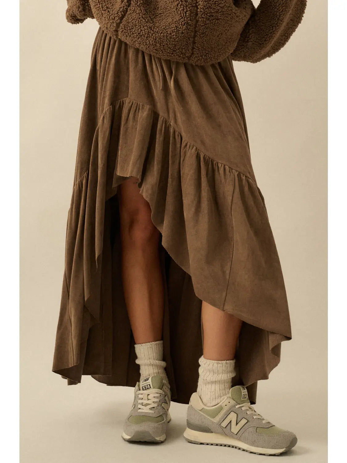 Sabrina Faux Suede Asymmetrical High-Low Maxi Skirt