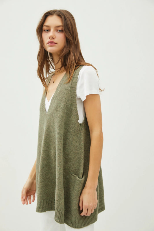 Oversize V-Neck Long Soft Sweater Vest W. Pockets