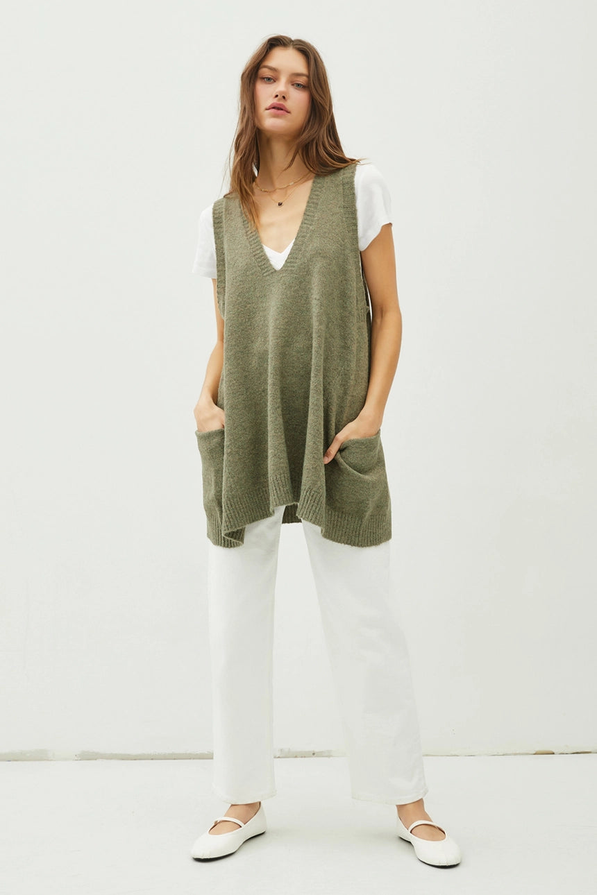 Oversize V-Neck Long Soft Sweater Vest W. Pockets