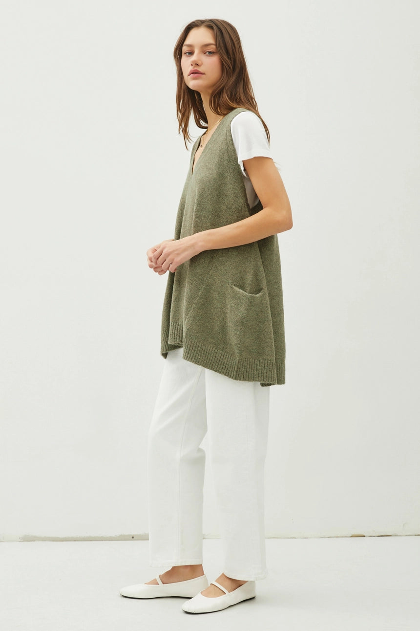 Oversize V-Neck Long Soft Sweater Vest W. Pockets