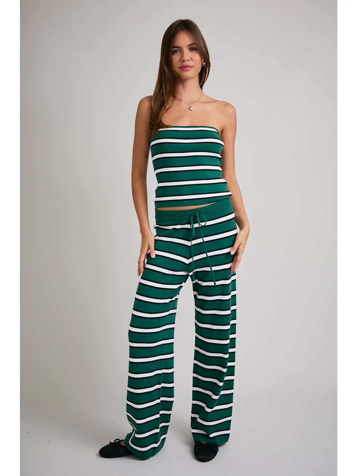 Charleston Wide Leg Bandeau Striped Sweater Set