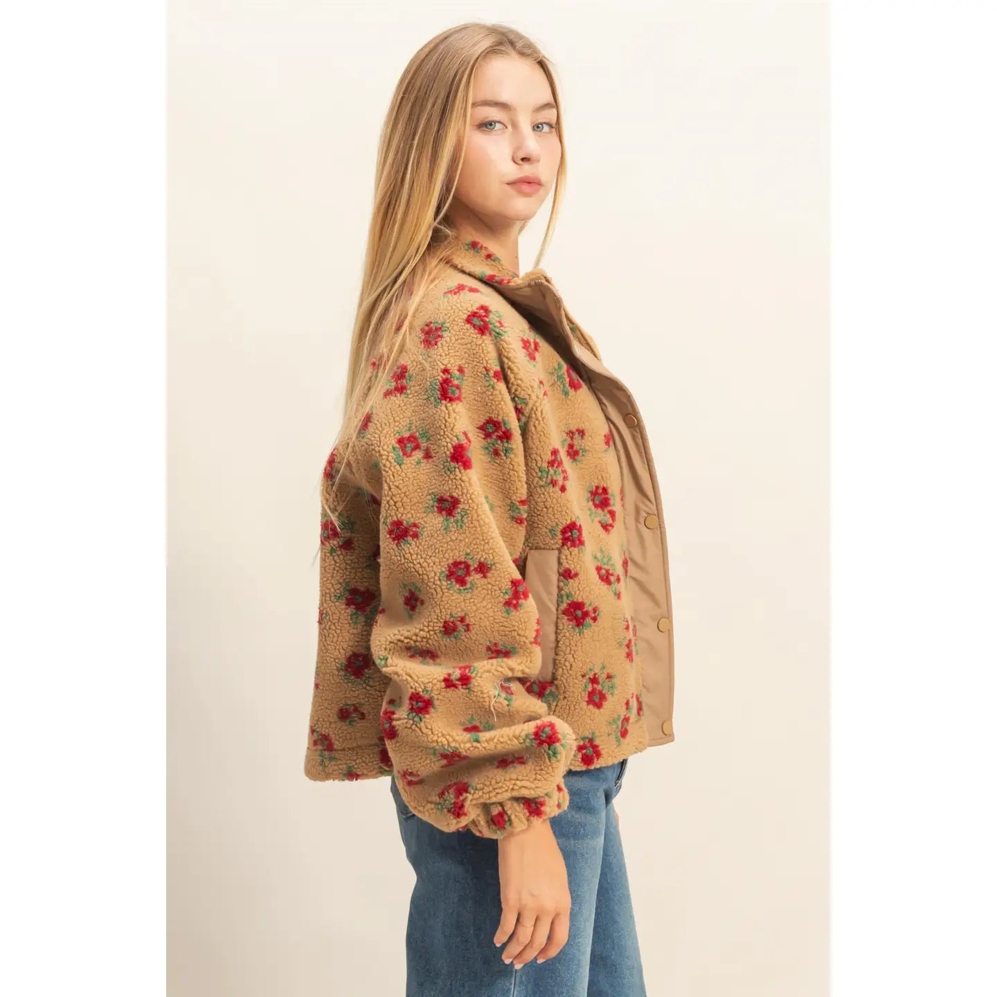 Floral Print Sherpa Zip Up Jacket