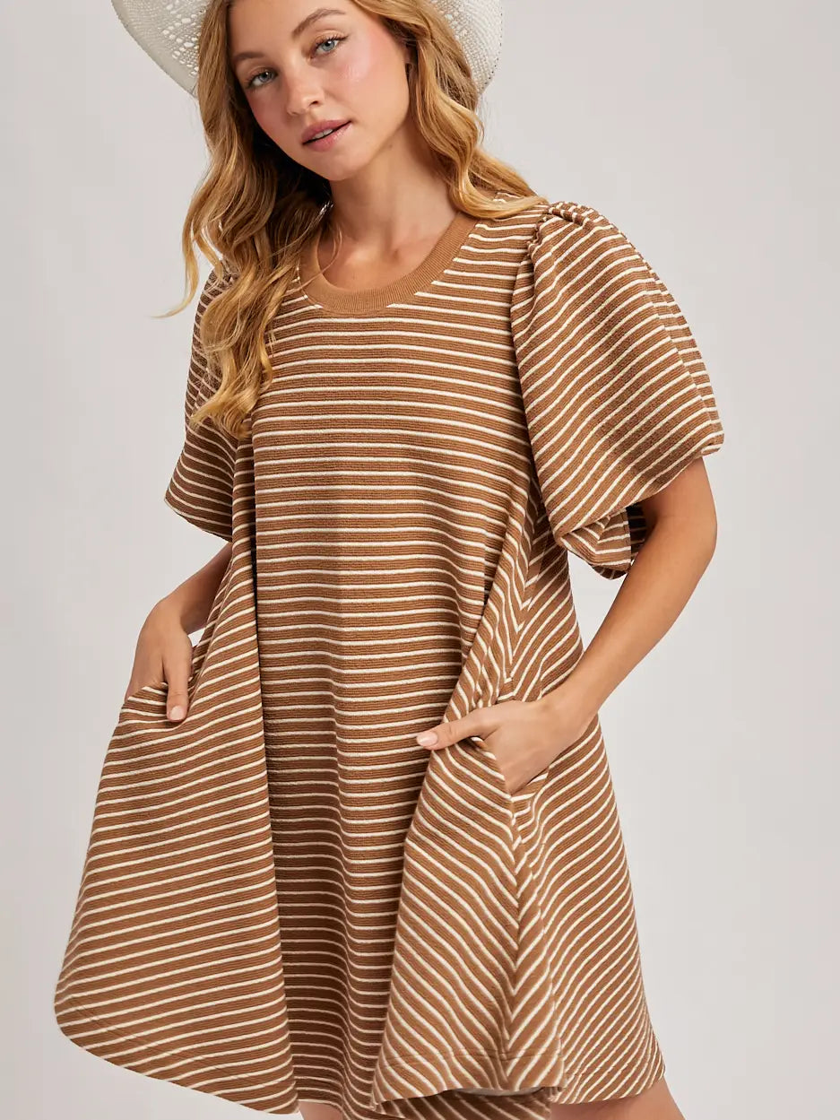 Giselle Puff Sleeves Billowy Silhouette Striped Dress
