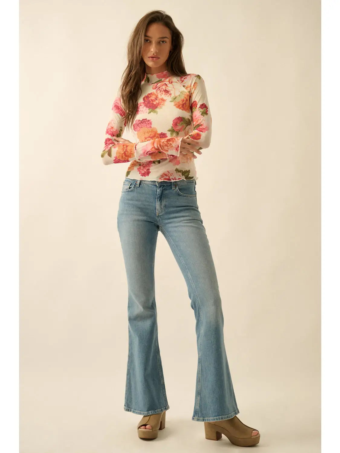 Johnny Floral-Print Mesh Mock-Neck Raglan-Sleeve Thumbhole Top