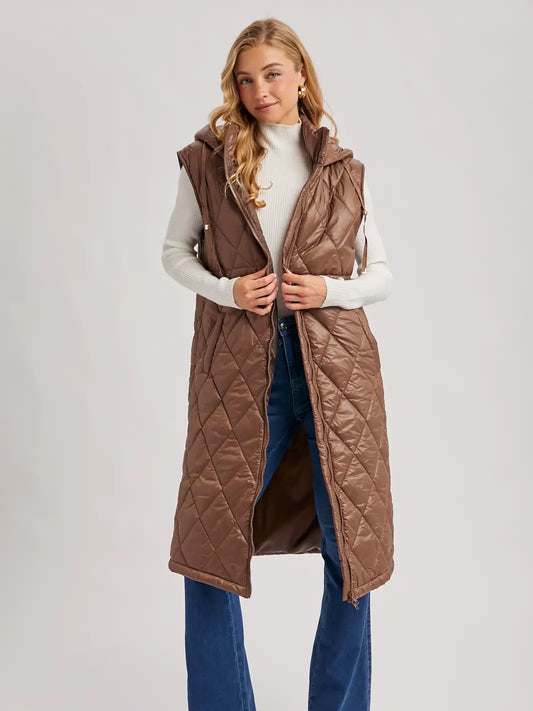 Diamond Quilt Puffer Long-Line Hooded Vest